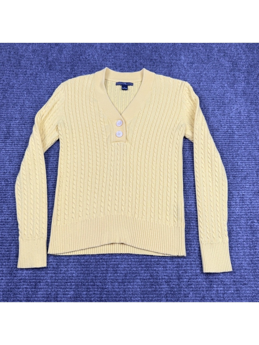 American Living Womens Small Yellow Cable Knit Henley Cotton Sweater S